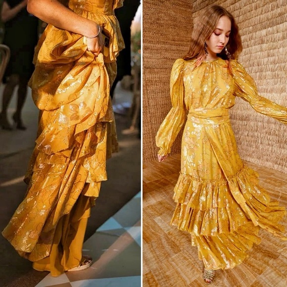 Ulla Johnson SET Rashida Skirt Aster Top Citrine Gold Yellow Metallic Maxi 12 XL - Picture 13 of 16